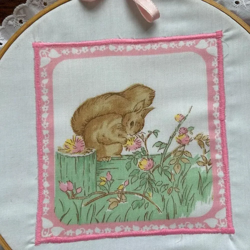 9” vintage pastel cottagecore squirrel wall art hoop w pink ribbon & eyelet lace